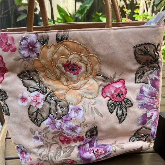Floral Embroidered Tote Bag - Pink and Brown - Picture 3 of 9